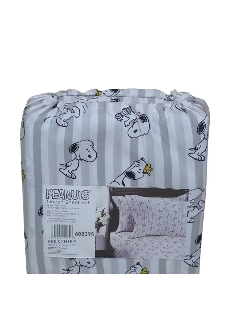 Peanuts Queen Sheet Set By Berkshire Snoopy & Woodstock Gray & White Stripes
